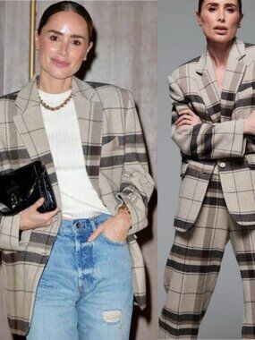 Anine Bing Quinn Blazer Khaki Plaid Italian Wool Blend Oversized Size XS